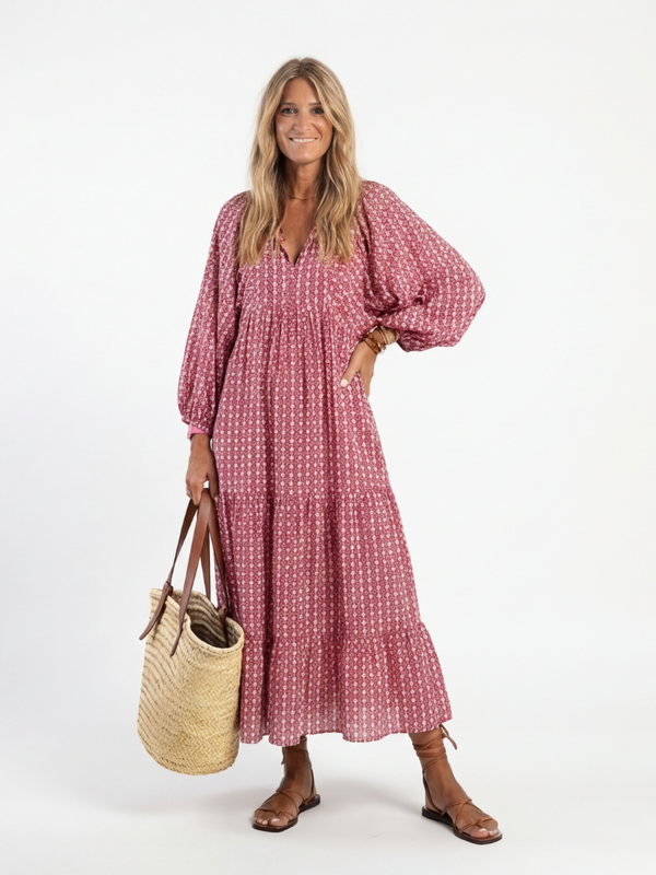 ARLETTE | GEOMETRIC PRINT LONG SLEEVE MIDI DRESS